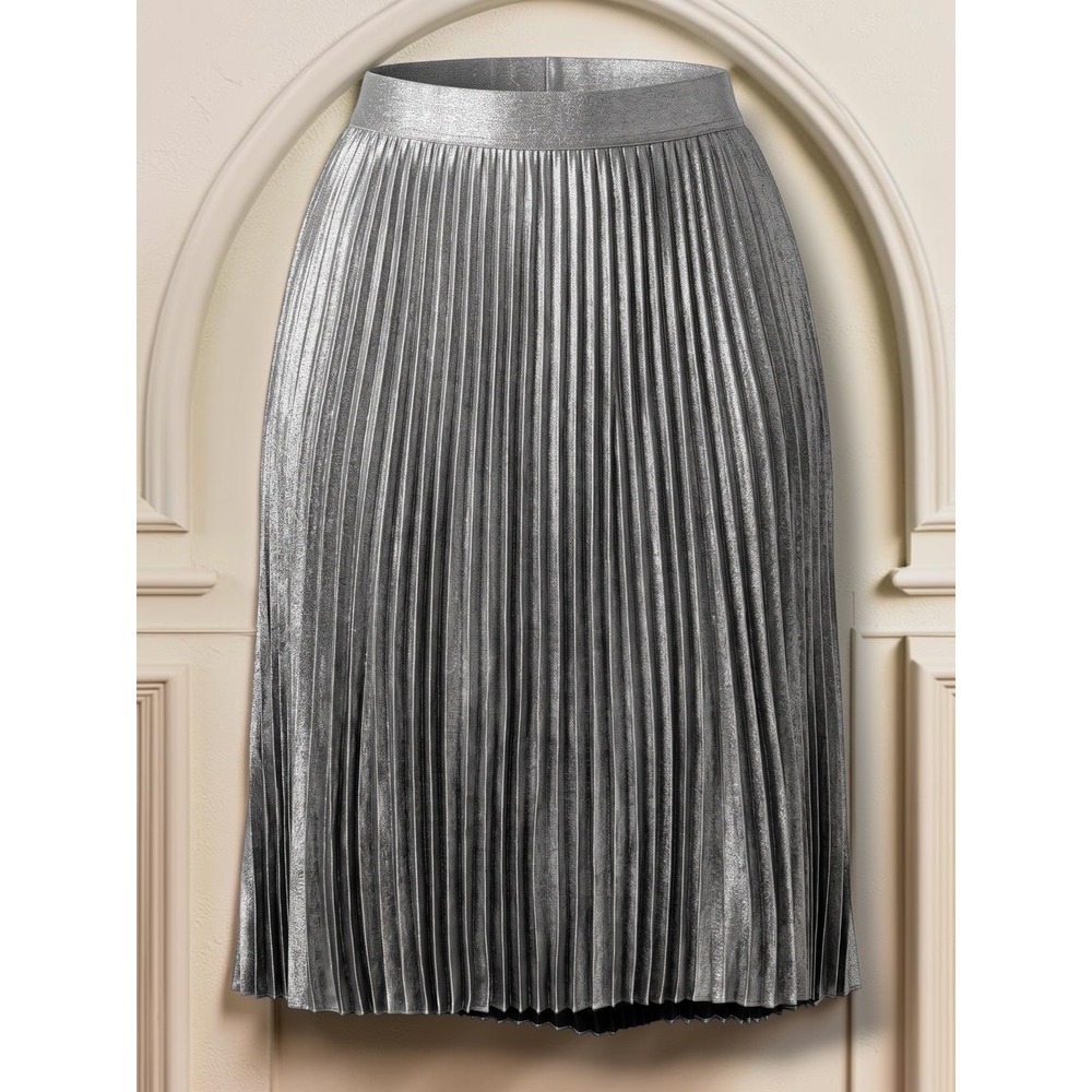 White House Black Market Metallic Silver Pleated Midi Skirt XS